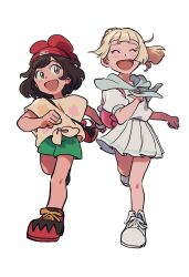 Rule 34 | 2girls, :d, backpack, bag, beanie, blonde hair, blunt bangs, blush, brown eyes, brown hair, clenched hands, closed eyes, commentary, creatures (company), elizabeth (tomas21), eyelashes, game freak, green shorts, happy, hat, highres, lillie (pokemon), long hair, multiple girls, nintendo, open mouth, pink bag, pleated skirt, pokemon, pokemon sm, red headwear, running, selene (pokemon), shirt, shoes, short sleeves, shorts, skirt, smile, tied shirt, yellow shirt