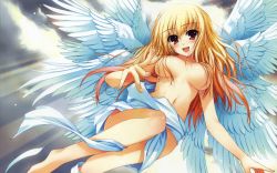 Rule 34 | 1girl, angel, angel wings, barefoot, blonde hair, blush, breasts, censored, convenient censoring, flying, hair censor, hair over breasts, highres, large breasts, long hair, multiple wings, red eyes, seraph, sky, smile, solo, third-party edit, tomose shunsaku, topless, wallpaper, wings