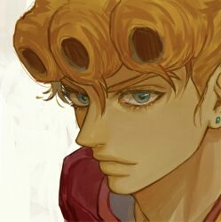 Rule 34 | 1boy, blonde hair, blue eyes, closed mouth, curly hair, ear piercing, giorno giovanna, highres, jacket, jojo no kimyou na bouken, looking at viewer, male focus, on0n, piercing, portrait, purple jacket, short hair, simple background, solo, v-shaped eyebrows, vento aureo, white background