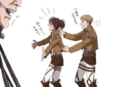 Rule 34 | 1boy, 2others, brown hair, brown jacket, commentary request, frown, giant, goggles, hange zoe, jacket, moblit berner, multiple others, open mouth, outstretched arms, ponytail, shingeki no kyojin, smile, survey corps (emblem), suspenders, sweatdrop, titan (shingeki no kyojin), translation request, yonchi