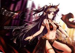 Rule 34 | 1girl, 2014, arabian clothes, armlet, bare shoulders, black hair, bracelet, breasts, brown eyes, brown hair, character request, cleavage, closed mouth, dated, earrings, female focus, gradient background, hair ornament, jewelry, large breasts, long hair, looking at viewer, mask, midriff, navel, necklace, original, pointy ears, red eyes, see-through, sideboob, skirt, solo, thigh strap, tiara, two side up, veil, very long hair, x2