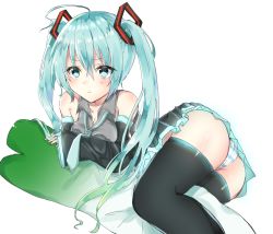 Rule 34 | 1girl, ahoge, aqua eyes, aqua hair, ass, bare shoulders, blush, boots, breasts, cleavage, closed mouth, collarbone, commentary request, cowboy shot, detached sleeves, hair ornament, hatsune miku, highres, hugging object, long hair, looking at viewer, loose necktie, lying, necktie, noah (4594586), on side, panties, pantyshot, pillow, pillow hug, pleated skirt, pout, ribbon, shiny skin, skirt, solo, striped clothes, striped panties, thigh boots, thighhighs, twintails, underwear, vocaloid, white background, wide sleeves, zettai ryouiki