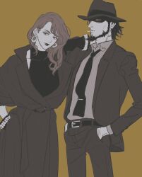 Rule 34 | 1boy, 1girl, adam&#039;s apple, arm on another&#039;s shoulder, beard, belt, brown background, cigarette, coat, collared shirt, dress, earrings, eyelashes, facial hair, gloves, greyscale with colored background, hand hair, hands in pockets, jacket, jewelry, jigen daisuke, long hair, lupin iii, maiko (setllon), mine fujiko, necktie, pants, shaded face, shirt, short hair, tie clip