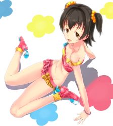 Rule 34 | 10s, 1girl, akagi miria, arm support, black hair, breasts, brown eyes, from above, highres, idolmaster, idolmaster cinderella girls, open mouth, pikapikapop, q (ed69), short hair, sitting, small breasts, smile, solo, twintails, two side up, wariza