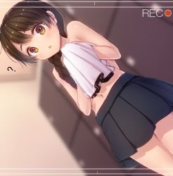 Rule 34 | 10s, 1girl, ?, braid, brown eyes, brown hair, commentary request, dutch angle, kantai collection, long hair, looking at viewer, minarai shachou, parted lips, pleated skirt, pov, recording, unworn shirt, skirt, solo, topless, uranami (kancolle), viewfinder