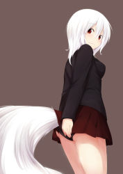 Rule 34 | 1girl, absurdres, accidental exposure, albino, animal ears, ass, black panties, blush, brown background, closed mouth, clothes lift, covering privates, cowboy shot, embarrassed, eyebrows, fox tail, from behind, frown, highres, kisaragi yuki (sora saki), lifted by self, lifted by tail, long sleeves, looking back, md5 mismatch, original, panties, pantyshot, pleated skirt, red eyes, red skirt, short hair, simple background, skirt, skirt lift, solo, standing, sweatdrop, sweater, tail, tareme, underwear, upskirt, wavy mouth, white hair