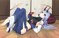 Rule 34 | 1girl, barefoot, breasts, bug, butterfly, cherry blossoms, detached sleeves, fate/grand order, fate (series), feet, fingerless gloves, gloves, highres, horns, insect, looking at viewer, lying, midriff, on back, pillow, red eyes, scwibbles, sideboob, solo, thighs, toes, tomoe gozen (fate)