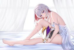 Rule 34 | 1girl, bare arms, bare legs, bare shoulders, barefoot, colored inner hair, commentary, curtains, dealesis, hair ornament, highres, honkai: star rail, honkai (series), multicolored hair, numby (honkai: star rail), purple eyes, red hair, sitting, strap slip, topaz (honkai: star rail), trotter (honkai: star rail), white hair, zzz