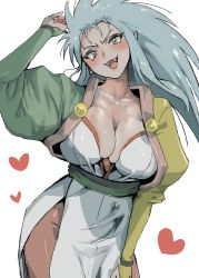 Rule 34 | 1girl, blue hair, breasts, cleavage, earrings, fangs, heart, highres, jewelry, large breasts, long hair, looking at viewer, mattai (38myyyy), open mouth, pointy ears, ryouko (tenchi muyou!), side slit, simple background, skindentation, solo, spiked hair, tenchi muyou!, white background, yellow eyes