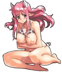 Rule 34 | 1girl, animal print, barefoot, bikini, blush, breasts, cow girl, cow print, horns, kneeling, large areolae, large breasts, long hair, nipples, pink hair, pointy ears, poporon, solo, swimsuit