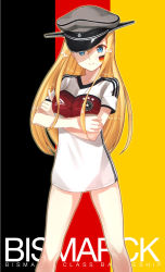 Rule 34 | 10s, 1girl, 2014 fifa world cup, adidas, alternate costume, bismarck (kancolle), blonde hair, blue eyes, blush, breasts, character name, crossed arms, eight tohyama, facepaint, german flag, germany, hat, highres, kantai collection, long hair, looking at viewer, military hat, peaked cap, soccer, solo, world cup