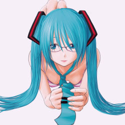 Rule 34 | 1girl, aqua eyes, aqua hair, barefoot, bespectacled, bra, breasts, chairopen, female focus, foreshortening, glasses, hatsune miku, lingerie, lying, necktie, on stomach, simple background, small breasts, smile, solo, twintails, underwear, vocaloid