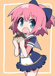 Rule 34 | 1girl, :o, blue bow, blue dress, blue eyes, bow, brown background, check commentary, commentary, commentary request, doughnut, dress, drooling, food, frilled dress, frills, hair between eyes, hair bow, hands up, highres, holding, holding food, open mouth, original, osaragi mitama, pink hair, ponytail, sailor collar, sailor dress, saliva, short sleeves, solo, white sailor collar