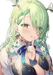 Rule 34 | 1girl, antlers, black dress, blue nails, blush, braid, braided bangs, branch, breasts, ceres fauna, commentary request, dress, earrings, eyes visible through hair, flower, green hair, hair flower, hair ornament, hair over one eye, hand up, highres, hololive, hololive english, horns, index finger raised, jewelry, long hair, looking at viewer, medium breasts, nail polish, parted lips, seramikku, simple background, single braid, solo, upper body, virtual youtuber, white background, white flower, yellow eyes