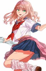 Rule 34 | 1girl, blue sailor collar, blue skirt, brown hair, green eyes, gridman universe, gridman universe (film), jacket, long hair, looking at viewer, minami yume, neckerchief, official alternate costume, open mouth, pleated skirt, risyo, sailor collar, school uniform, serafuku, shirt, simple background, skirt, smile, solo, white background