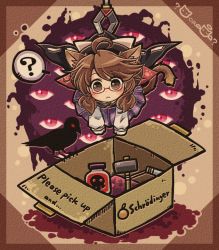 Rule 34 | 1girl, ?, animal ears, bird, bow, box, brown eyes, brown hair, cape, cardboard box, cat, cat ears, cat tail, clothes writing, crow, english text, glasses, hammer, hat, hat bow, kemonomimi mode, long sleeves, mikan box, plaid, poison, pote (ptkan), red-framed eyewear, school uniform, schrodinger&#039;s cat, shirt, short hair, skirt, solo, spoken question mark, tail, touhou, usami sumireko