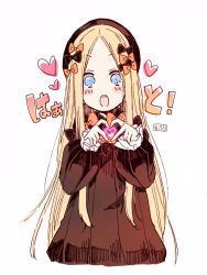 Rule 34 | 1girl, abigail williams (fate), black bow, black dress, black hat, blonde hair, blue eyes, blush stickers, bow, dress, fate/grand order, fate (series), hair bow, hat, heart, heart hands, highres, long hair, long sleeves, looking at viewer, open mouth, orange bow, parted bangs, sofra, solo, teeth, translation request, upper teeth only, v-shaped eyebrows, very long hair