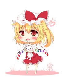 Rule 34 | 1girl, :d, bad id, bad pixiv id, blonde hair, blush, carrying, chibi, fang, flandre scarlet, hat, heart, highres, looking at viewer, mob cap, hugging object, open mouth, red eyes, side ponytail, sisterakuma, smile, solo, stuffed animal, stuffed rabbit, stuffed toy, touhou, wings