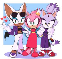 Rule 34 | 3girls, amy rose, bat girl, blaze the cat, blue eyeshadow, blush, cake, cat girl, crop top, dress, eyelashes, eyeshadow, feather boa, food, forehead jewel, furry, furry female, gloves, green eyes, hand fan, heart, heartludwig, highres, jacket, looking at viewer, makeup, multiple girls, navel, pants, pink footwear, pink fur, ponytail, purple dress, purple fur, purple jacket, red dress, red footwear, rouge the bat, simple background, sonic (series), sunglasses, the murder of sonic the hedgehog, v, white footwear, white fur, white pants, yellow eyes