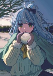 Rule 34 | 1girl, ahoge, bare tree, blue hair, blush, bow, capelet, closed mouth, fur-trimmed sleeves, fur trim, green capelet, grey hair, hair bow, hair bun, hands up, highres, holding, holding snowball, long hair, long sleeves, looking at viewer, mittens, multicolored hair, nanami yuki (yuki77mi), nyalra (author), original, outdoors, pixel art, second-party source, single hair bun, sky, smile, snowball, solo, standing, sweater, tree, two-tone hair, upper body, winter, yellow bow, yellow eyes