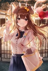 Rule 34 | 1girl, :d, amusement park, animal ears, arm up, backlighting, bag, balloon, black bow, black bowtie, black skirt, blush, bow, bowtie, brown eyes, brown hair, brown hairband, carousel, collared shirt, commentary request, cowboy shot, dog ears, grin, hair bow, hairband, highres, long hair, long sleeves, looking at viewer, nanna (heyj2888), night, open mouth, orange bow, original, outdoors, red ribbon, ribbon, shirt, shoulder bag, skirt, smile, solo, striped bow, striped bowtie, striped clothes, striped neckwear, stuffed animal, stuffed toy, teddy bear, teeth, v, white shirt