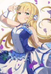 Rule 34 | 1girl, absurdres, blonde hair, blue dress, blush, borrowed clothes, braided sidelock, breasts, cowboy shot, detached collar, dot nose, dress, falling petals, flower, green eyes, hair ribbon, hand up, highres, ichinose rei, idoly pride, long bangs, long hair, looking at viewer, medium breasts, ooho0216, parted lips, petals, pleated dress, purple flower, raised eyebrows, ribbon, shading eyes, simple background, sleeveless, sleeveless dress, solo, straight hair, teeth, two-tone dress, white background, white dress, white ribbon
