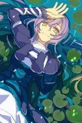 Rule 34 | 1girl, arm up, blue dress, breasts, closed mouth, dappled sunlight, day, dress, dutch angle, floating hair, hair between eyes, hand on forehead, highres, hijiri byakuren, juliet sleeves, large breasts, lily pad, long hair, long sleeves, looking at viewer, lying, nayozane (worker7), on back, outdoors, partially submerged, puffy sleeves, purple hair, ripples, smile, solo, sunlight, touhou, turtleneck, upper body, very long hair, water, yellow eyes