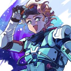 Rule 34 | 1girl, animification, apex legends, black gloves, bmori, cable, freckles, gloves, goggles, goggles on head, green eyes, hair behind ear, hand on goggles, highres, horizon (apex legends), orange hair, portrait, short hair, smile, solo, space, spacesuit, star (sky), star (symbol), star in eye, symbol in eye