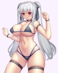 Rule 34 | 1girl, arm strap, asamura hiori, bare shoulders, bikini, black choker, blush, breasts, cameltoe, choker, cleavage, clenched hands, collarbone, commentary request, cowboy shot, grey bikini, grey ribbon, hair ribbon, hands up, highres, large breasts, long hair, looking at viewer, midriff, multi-strapped bikini, navel, original, red eyes, ribbon, sidelocks, simple background, skindentation, solo, standing, swimsuit, thigh strap, twintails, underboob, white hair, wristband