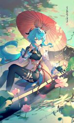 Rule 34 | 1girl, absurdres, ahoge, bare shoulders, bell, black gloves, blue hair, boat, bodystocking, breasts, chinese knot, chinese text, cowbell, crackingtaro, detached sleeves, flower, flower knot, full body, ganyu (genshin impact), genshin impact, gloves, goat horns, gold trim, highres, horns, leotard, leotard under clothes, long hair, medium breasts, neck bell, purple eyes, sidelocks, sitting, smile, solo, very long hair, watercraft, white sleeves