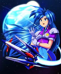 Rule 34 | 1girl, absurdres, blue eyes, blue hair, character request, danmakuman, ginga fukei densetsu sapphire, gloves, headset, highres, huge filesize, lips, long hair, looking away, open mouth, short sleeves, signature, solo, teeth, very long hair, white gloves