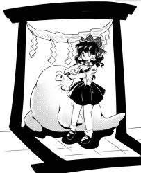 Rule 34 | 1980s (style), 1girl, animal, ascot, bad id, bad twitter id, bow, collared vest, detached sleeves, full body, greyscale, hair bow, hair tubes, hakurei reimu, highres, long sleeves, looking at viewer, mary janes, monochrome, oldschool, polka dot, polka dot bow, ponytail, retro artstyle, shoes, sketch, skirt, takemoto izumi (style), torii, touhou, vest, wide sleeves, yatyou
