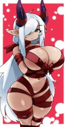 Rule 34 | 1girl, absurdres, bound, breasts, character request, christmas, cleavage, commentary, commission, curvy, english commentary, green eyes, hair over one eye, highres, horn ornament, horn ribbon, horns, huge breasts, long hair, looking at viewer, naked ribbon, navel, one eye covered, original, pointy ears, purple horns, red ribbon, ribbon, ribbon bondage, second-party source, shortstack, skindentation, snowing, solo, thick thighs, thighs, very long hair, white hair, wide hips, zanamaoria