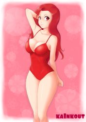 Rule 34 | 1girl, artist name, breasts, cleavage, hand in own hair, highres, kainkout, large breasts, leotard, long hair, original, red eyes, red hair, red leotard, signature, simple background, smile, solo