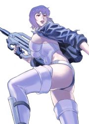 Rule 34 | 1girl, azasuke, blue jacket, breasts, bullpup, covered erect nipples, czn-m22, from side, ghost in the shell, gun, holding, holding gun, holding weapon, jacket, kusanagi motoko, large breasts, leotard, medium hair, open clothes, open jacket, parted lips, purple hair, purple thighhighs, red eyes, rifle, shin guards, sideboob, simple background, skindentation, solo, standing, submachine gun, suppressor, thighhighs, weapon, white background, white leotard