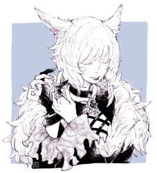 Rule 34 | 1girl, animal ears, blue background, border, brooch, cat ears, choker, claw ring, closed eyes, commentary request, cropped torso, dated, dress, facial mark, facing viewer, final fantasy, final fantasy xiv, fur-trimmed dress, fur trim, gloves, greyscale with colored background, hands up, hatching (texture), itowo (itowc), jewelry, long sleeves, miqo&#039;te, outside border, parted lips, partially fingerless gloves, short hair, signature, simple background, single glove, solo, upper body, white border, y&#039;shtola rhul