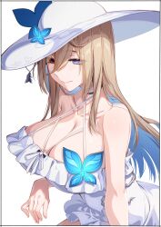 Rule 34 | 1girl, absurdres, aponia (honkai impact), aponia (mesmerizing blue), bare shoulders, blue eyes, blue hair, blush, bow, bowtie, breasts, brown hair, choker, closed mouth, collarbone, criss-cross halter, dress, frills, hair between eyes, halterneck, hat, heterochromia, highres, honkai (series), honkai impact 3rd, huge breasts, kei (soundcross), long bangs, long hair, looking at viewer, multicolored hair, off-shoulder dress, off shoulder, red eyes, solo, sun hat