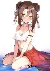 Rule 34 | 1girl, alternate hairstyle, bikini, breasts, brown eyes, brown hair, buttons, cleavage, double-breasted, highres, kantai collection, long hair, red sarong, sarong, sidelocks, simple background, sitting, small breasts, solo, swimsuit, wariza, white background, white bikini, zarashi, zuihou (kancolle)
