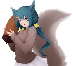Rule 34 | 1girl, animal ears, blue eyes, blue hair, cowboy shot, facial mark, hair ornament, hairclip, hands up, highres, holding, holding pillow, long hair, long sleeves, looking at viewer, low twintails, open mouth, original, parted lips, pillow, pleated skirt, shimmer, simple background, skirt, solo, sweater, twintails, upper body, white background, white skirt