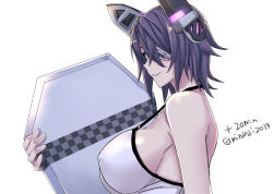 Rule 34 | 1girl, bodyboard, breasts, eyepatch, headgear, kantai collection, large breasts, looking at viewer, minarai, one-hour drawing challenge, purple hair, short hair, sideboob, simple background, smile, solo, swimsuit, tenryuu (kancolle), twitter username, white background, yellow eyes