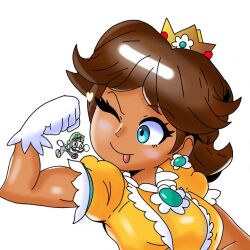 Rule 34 | 1boy, 1girl, artist request, blue eyes, breasts, brooch, brown hair, crown, earrings, facial hair, flexing, flower earrings, giant, giantess, gloves, hat, jewelry, looking at another, luigi, mario (series), medium breasts, meme, mustache, nintendo, one eye closed, princess daisy, puffy short sleeves, puffy sleeves, short sleeves, smile, surprised, tomboy, tongue, tongue out, wink