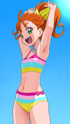Rule 34 | 1girl, armpits, awa, highres, long hair, looking at viewer, natsumi manatsu, navel, open mouth, precure, simple background, smile, solo, swimsuit, tagme, tropical-rouge! precure