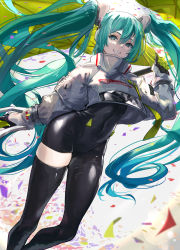 Rule 34 | 1girl, :d, aqua eyes, aqua hair, black bodysuit, black gloves, black thighhighs, bodysuit, clothes writing, confetti, covered navel, crop top, dutch angle, feet out of frame, flag, gloves, grin, hatsune miku, high collar, highres, holding, holding flag, long hair, long sleeves, looking at viewer, mille (dieci), open mouth, parted lips, racing miku, racing miku (2022), see-through, single thighhigh, smile, solo, standing, thighhighs, twintails, very long hair, vocaloid