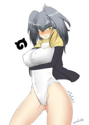 Rule 34 | arms under breasts, artist request, blush, cosplay, emperor penguin (kemono friends), emperor penguin (kemono friends) (cosplay), gloves, green eyes, grey hair, hair wings, highres, impossible clothes, impossible leotard, kemono friends, leotard, looking at viewer, shoebill (kemono friends), skin tight, wings