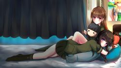 Rule 34 | 10s, 2girls, :t, amagami (makise tsubaki), anchor symbol, anger vein, angry, bad id, bad pixiv id, bed, bed sheet, black hair, blunt bangs, blush, brown hair, character doll, closed mouth, curtains, eyebrows, green legwear, green shirt, green skirt, hair tie, highres, indoors, kantai collection, kitakami (kancolle), kneehighs, long hair, looking at viewer, lying, multiple girls, hugging object, on bed, on stomach, ooi (kancolle), pillow, pillow hug, pleated skirt, pocket, poster (object), pout, school uniform, serafuku, shirt, skirt, sleeve cuffs, smile, socks, yuri, yuudachi (kancolle)