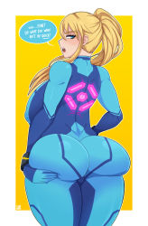 Rule 34 | 1girl, ass, ass grab, back, backboob, blonde hair, blue eyes, blush, bodysuit, bracelet, breasts, embarrassed, english text, female focus, furanh, grabbing, grabbing own ass, highres, huge breasts, jewelry, large breasts, long hair, looking back, metroid, nintendo, open mouth, ponytail, samus aran, solo, speech bubble
