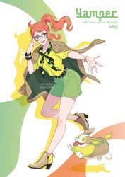 Rule 34 | 1girl, :d, adjusting eyewear, black neckerchief, boots, bracelet, brown footwear, character name, commentary request, creatures (company), floating hair, game freak, gen 8 pokemon, glasses, green eyes, green shorts, hair ornament, hand up, heart, heart hair ornament, highres, jewelry, knees, leg up, long hair, lower teeth only, moge-hera, nail polish, neckerchief, nintendo, open mouth, orange hair, pokemon, pokemon (creature), pokemon swsh, shirt, short sleeves, shorts, side ponytail, smile, sonia (pokemon), spread fingers, teeth, tongue, yamper, yellow shirt