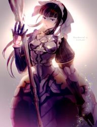 Rule 34 | 1girl, armor, armored dress, backlighting, black hair, blunt bangs, boobplate, breastplate, couter, fringe trim, horocca, maid, maid headdress, narberal gamma, overlord (maruyama), purple eyes, simple background, solo, weapon