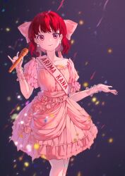 Rule 34 | 1girl, absurdres, alternate hairstyle, arima kana, blue background, blush, bow, character name, closed mouth, collarbone, commentary, confetti, cowboy shot, dress, earrings, frilled dress, frilled gloves, frills, gloves, hair bow, highres, holding, holding microphone, jewelry, light particles, looking at viewer, medium hair, microphone, motion blur, oshi no ko, pink bow, pink dress, pink gloves, puffy short sleeves, puffy sleeves, purple background, red eyes, red hair, see-through gloves, short sleeves, smile, solo, xiang yu pai
