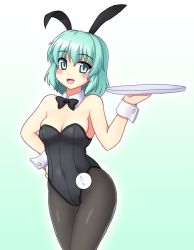 Rule 34 | 1girl, :d, alternate costume, animal ears, bare shoulders, black bow, blush, bow, bowtie, breasts, rabbit ears, cleavage, covered navel, detached collar, fake animal ears, green eyes, green hair, hand on own hip, isaki (gomi), komeiji koishi, looking at viewer, matching hair/eyes, one-hour drawing challenge, open mouth, pantyhose, playboy bunny, short hair, small breasts, smile, solo, touhou, tray, wrist cuffs